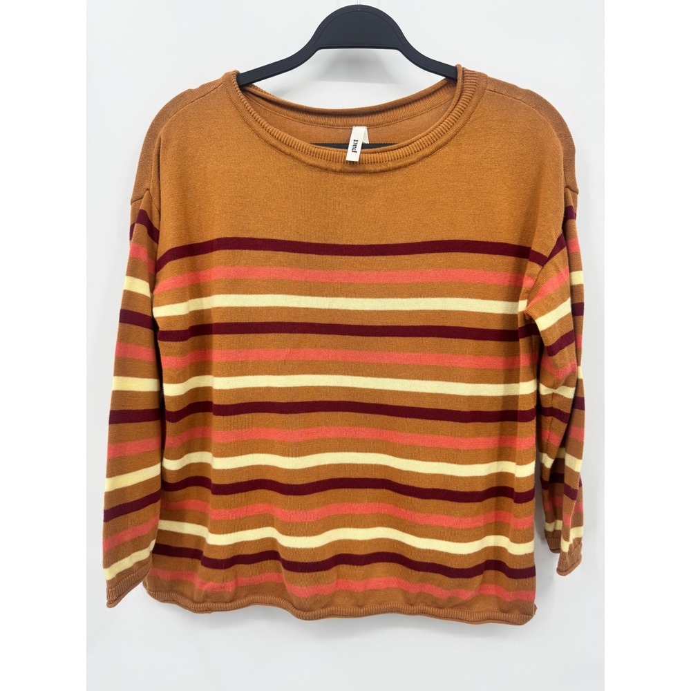 Pact Sweater Women Medium Brown Striped Organic Cotton Crew Neck Relaxed Fit